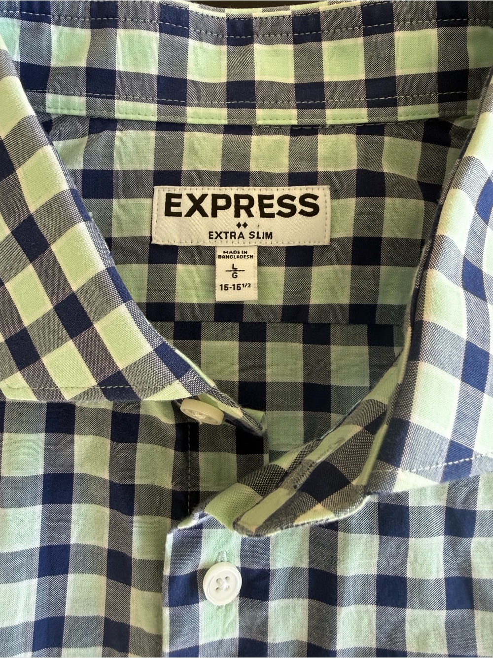Express Extra Slim Light Green and Navy Check Button-Down Shirt